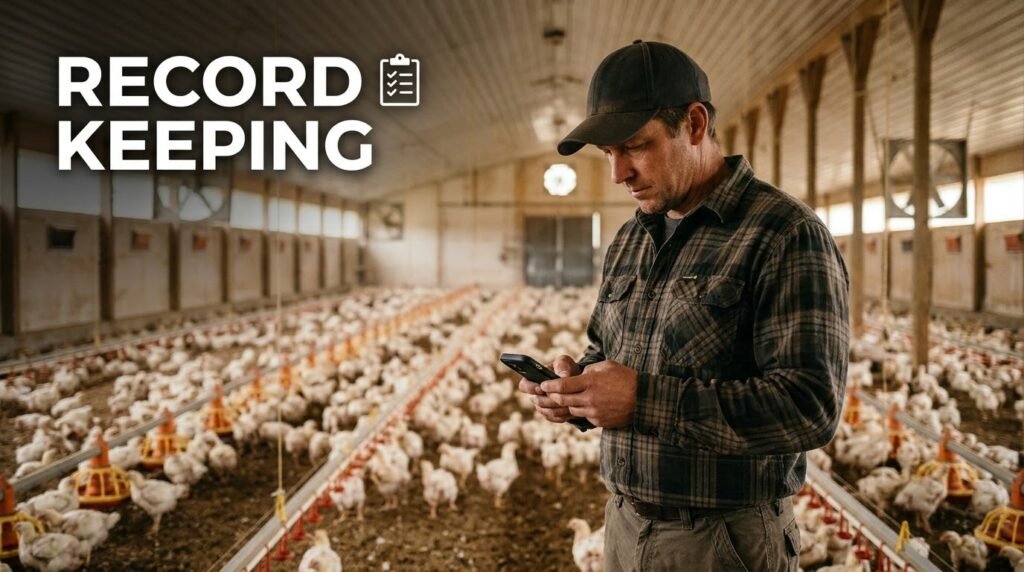 Poultry farmer checking flock records on a smartphone inside a well-managed poultry house