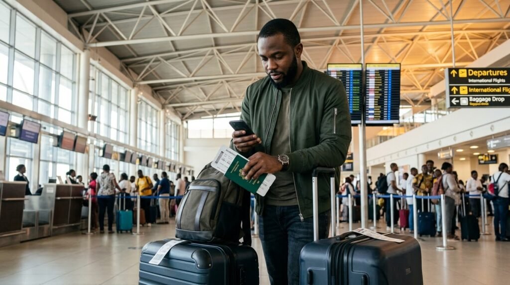 Nigerian traveller checking flight details on a smartphone beside luggage at an airport before travelling from Lagos to Ghana.