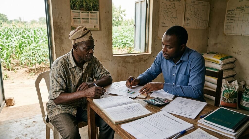 Nigerian farmer reviewing farm budget records and agricultural loan documents with a financing officer