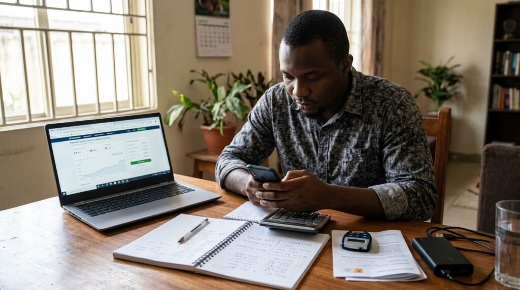 Nigerian adult reviewing an international money transfer on a smartphone at a desk