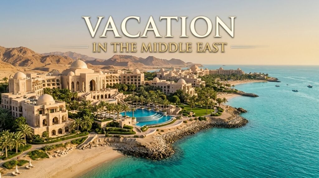 Luxury resort overlooking turquoise water with elegant Middle Eastern architecture and desert mountains in the distance