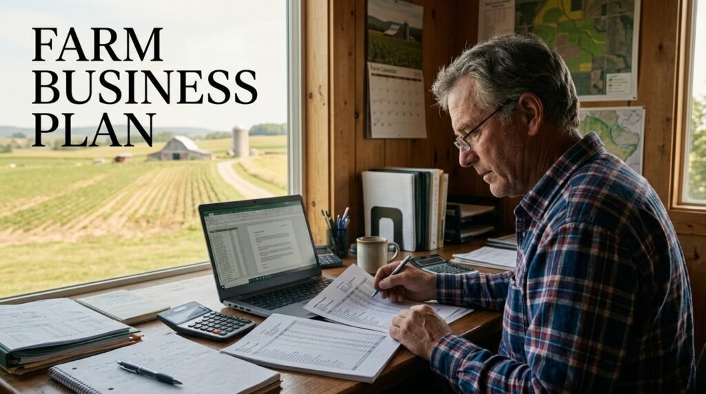 Farmer reviewing a farm business plan and financial records at a desk overlooking cultivated farmland