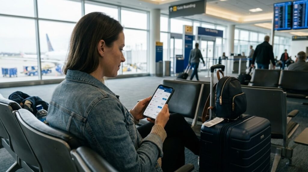 Traveller comparing economy flight fare details on a smartphone beside a suitcase at an airport