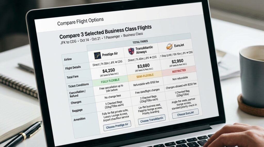 Modern business-class airplane cabin with lie-flat seats for international travel.