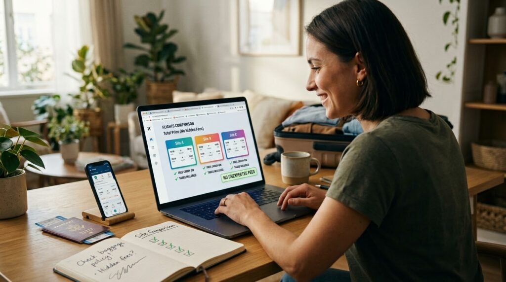 Traveler comparing airline ticket prices on a laptop at an airport