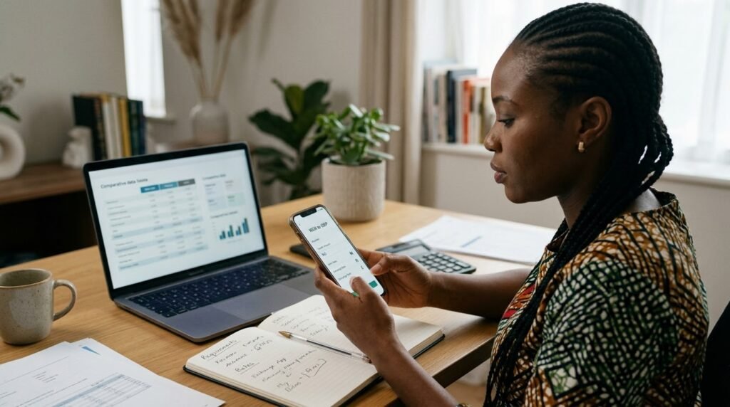 Nigerian adult reviewing an international money transfer on a smartphone at a desk