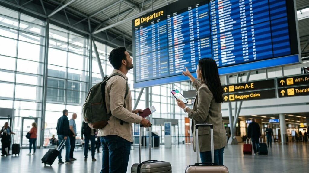 Air Travel Deals Travelers checking flight information at a modern airport before booking an affordable trip.
