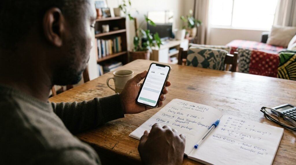 Person reviewing a money transfer on a smartphone before sending funds to Nigeria