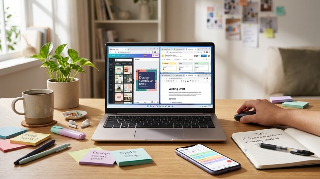 Laptop and smartphone on a workspace with tools for design, writing, and productivity.
