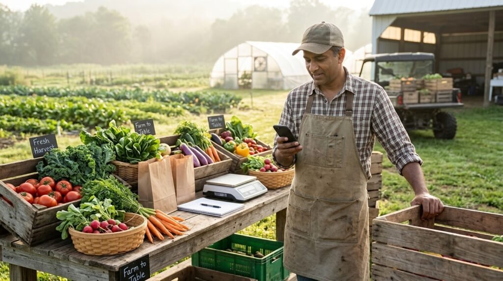 Farmer using a smartphone beside fresh farm produce, illustrating online agricultural sales.
