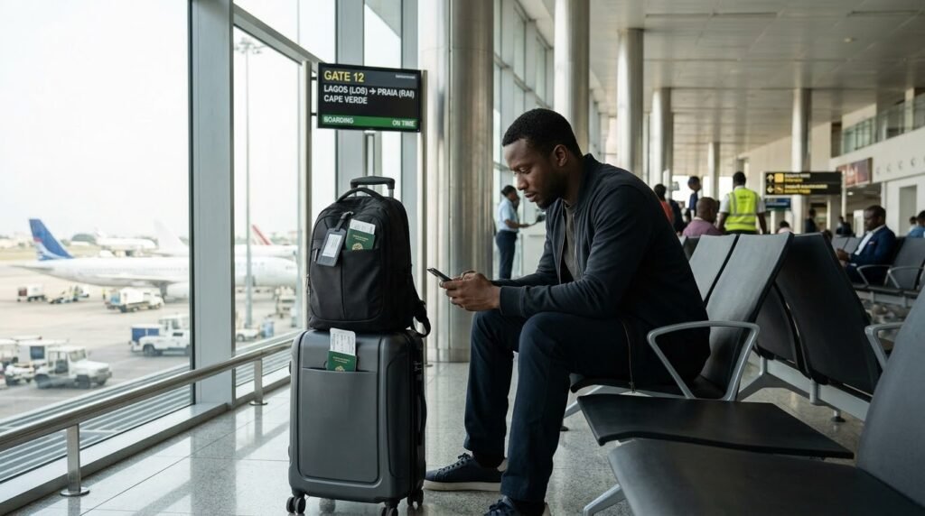 Traveller checking flight details on a smartphone beside carry-on luggage in a modern airport departure lounge before a trip from Lagos to Cape Verde.