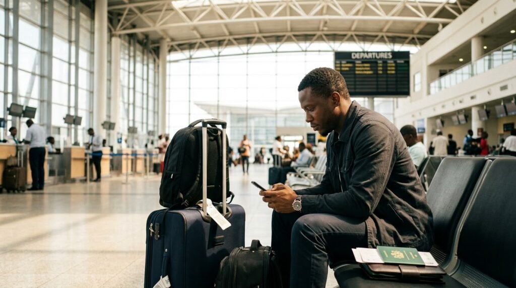 Passenger reviewing flight details on a smartphone beside luggage before travelling from Lagos to the United Kingdom