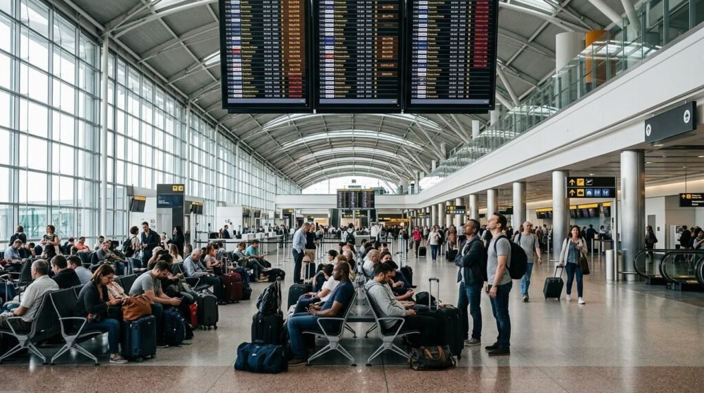 Flight Delayed or Cancelled? Travelers waiting at an airport departure board showing delayed and cancelled flights.