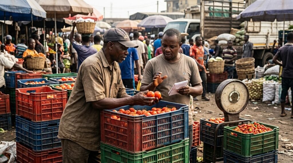Nigerian farmer and market trader inspecting fresh tomatoes and peppers at a Lagos wholesale produce market