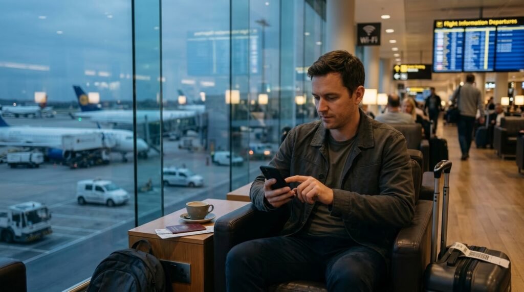How to Book Connecting Flights Safely: Layovers & Separate Tickets Traveller checking a connecting-flight itinerary on a smartphone in an international airport lounge