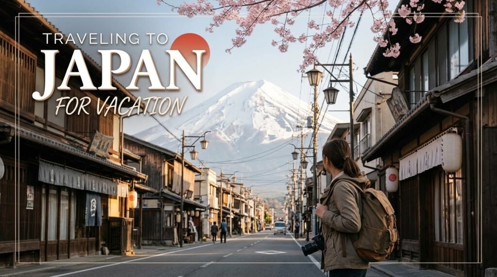 Traveler standing near a traditional Japanese street with Mount Fuji in the distance