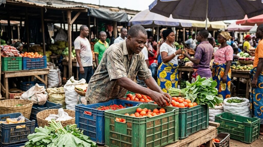 Nigerian farmer arranging fresh tomatoes and vegetables in crates at a local produce market