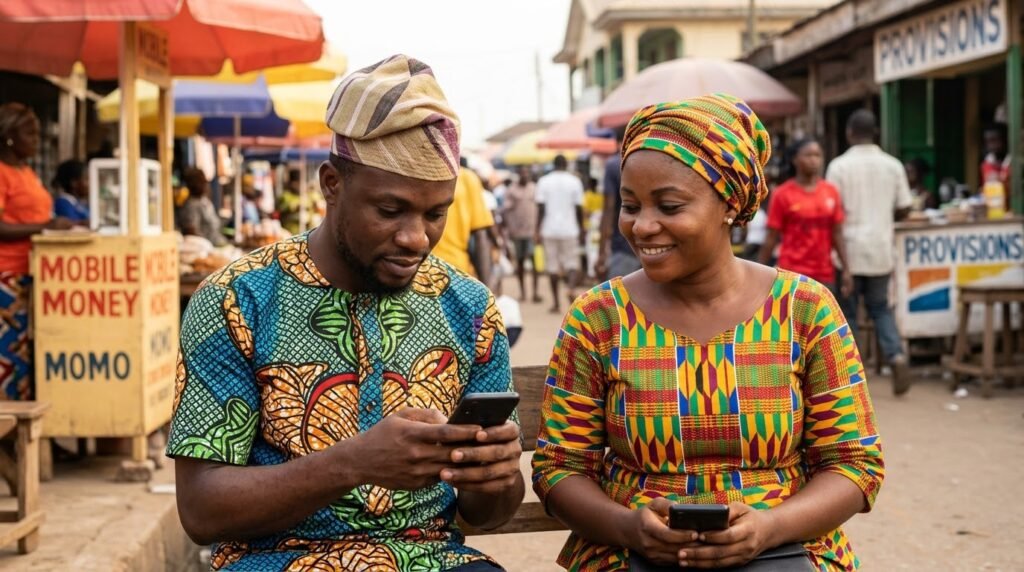 Nigerian sender checking an international money transfer on a smartphone beside a Ghanaian recipient preparing to receive funds.