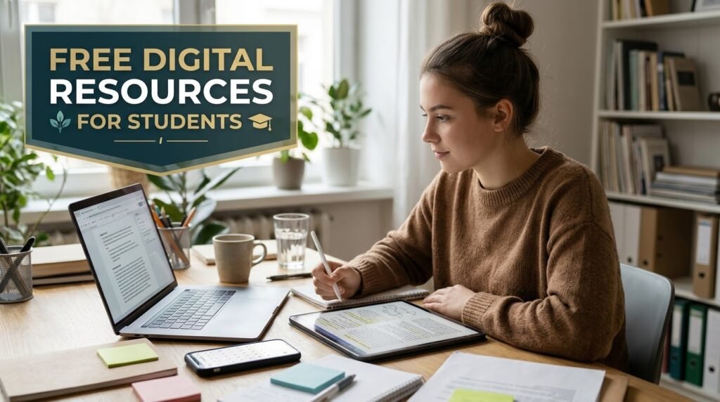 Student using a laptop, digital textbook and smartphone to organize study and research tasks