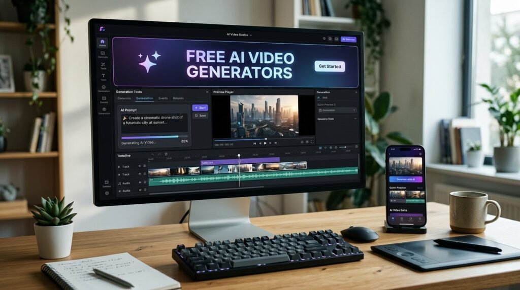 Computer and smartphone displaying an AI video creation and editing workflow