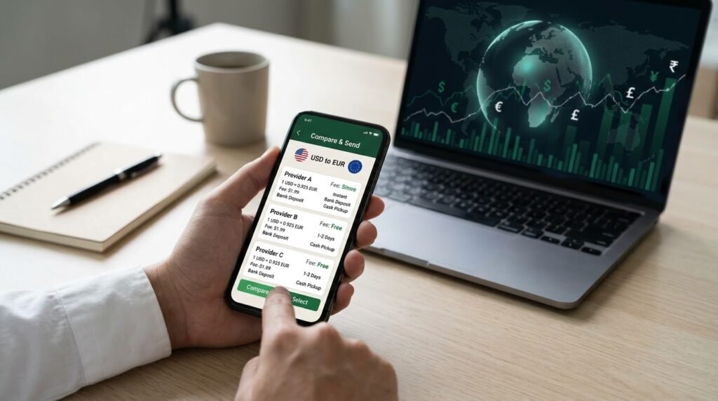How to Choose Digital Money Transfer Services for International Payments Smartphone displaying a generic digital payment interface beside a globe, representing international money transfers.