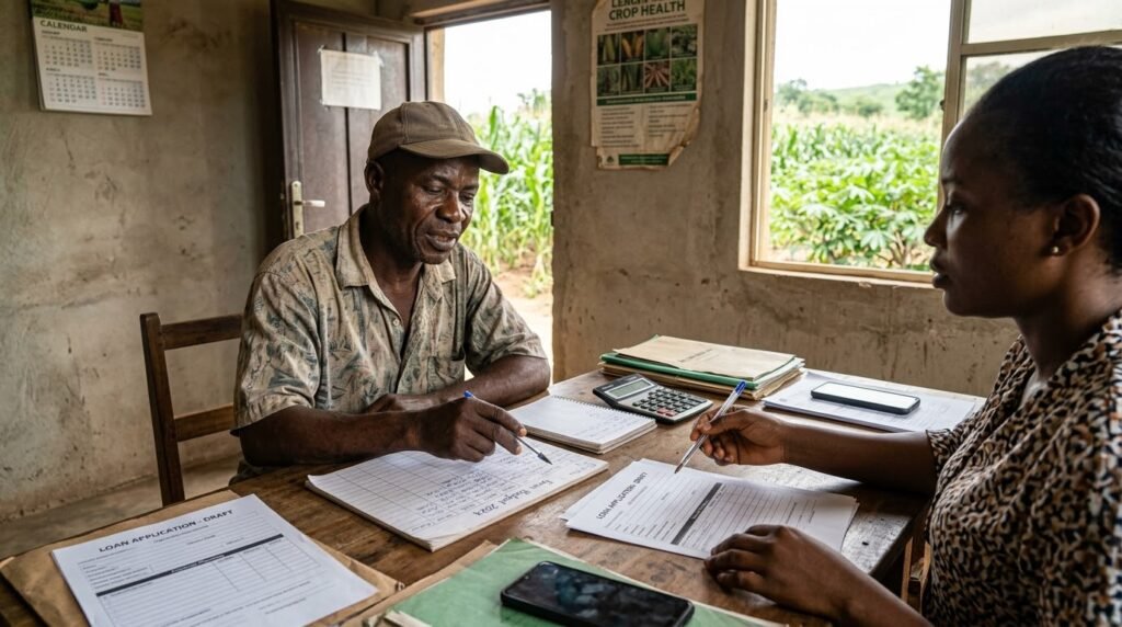 Nigerian farmer reviewing farm budget records and agricultural loan documents with a financing officer