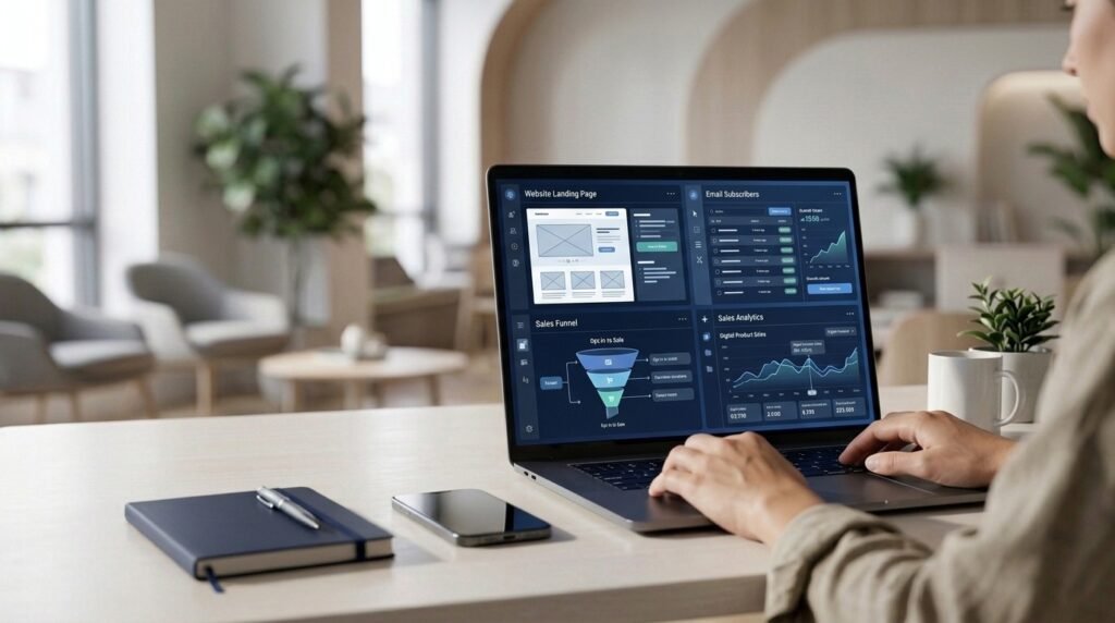 Entrepreneur using a laptop to manage a website, email marketing, and online sales