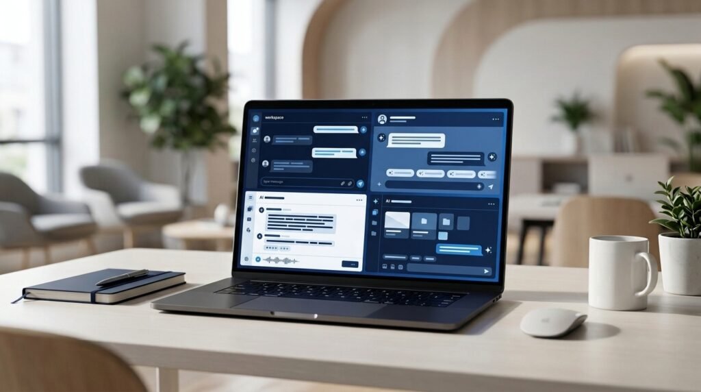 Laptop displaying AI chatbot interfaces for writing, research, and everyday tasks