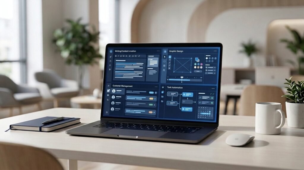 Small business workspace with a laptop showing AI tools for writing, design, and business management